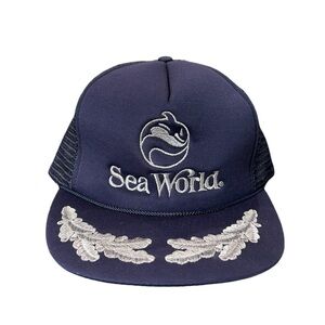 Vintage Sea World Hat Snapback Trucker Mesh Rope Blue Adjustable Cap 1985